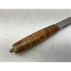 Norwegian staksniv hunting knife with 10cm single-edged steel blade in tooled leather sheath with nickel mounts L23cm overall