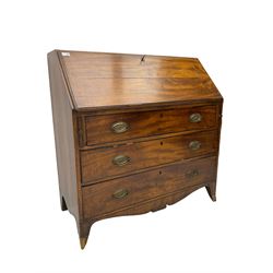 George III mahogany bureau, fall-front enclosing fitted interior with pigeonholes and drawers, with bone handles, over three graduating drawers, on bracket feet