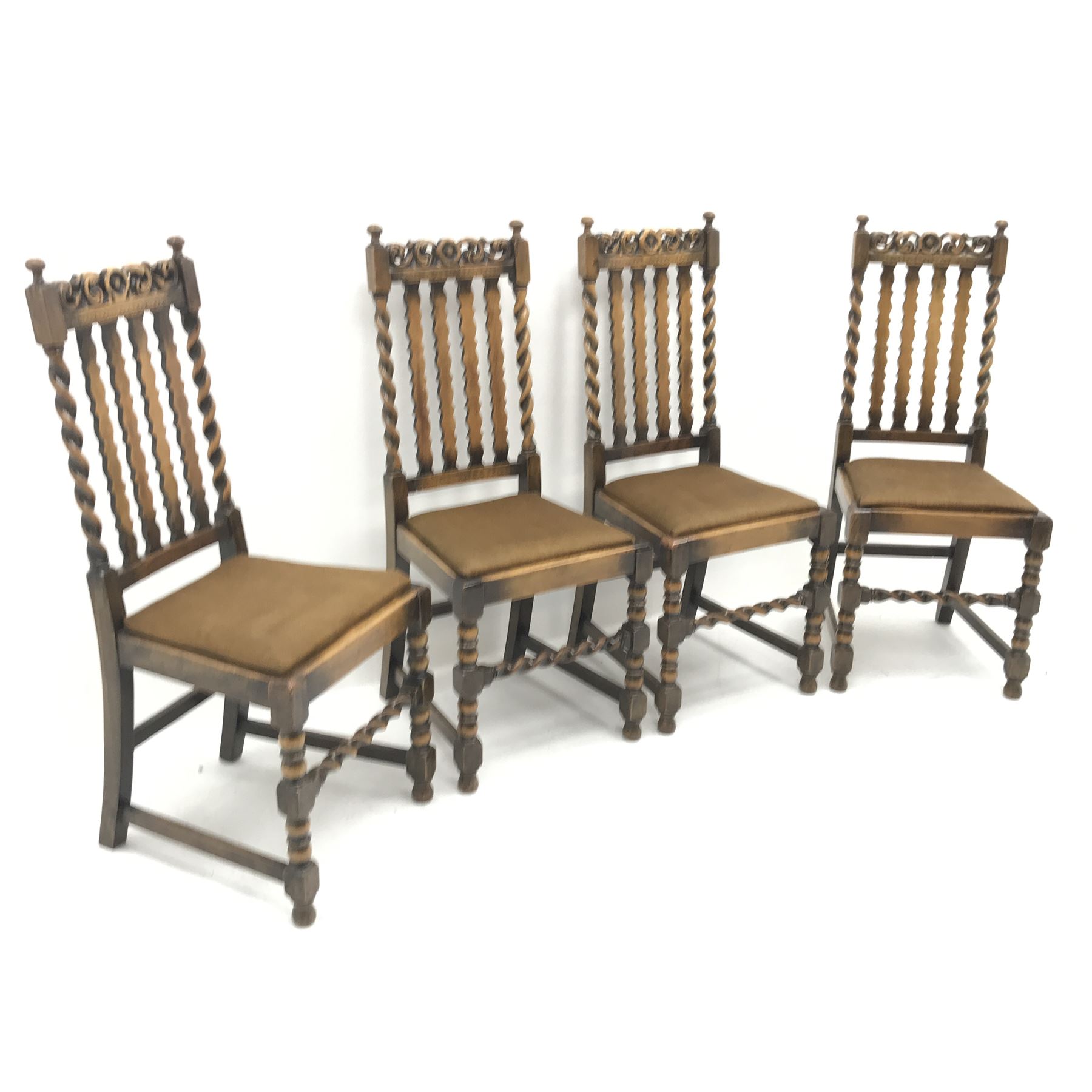 Set four 1920's birch barley twist dining chairs, upholstered drop in seat, turned supports, W46cm