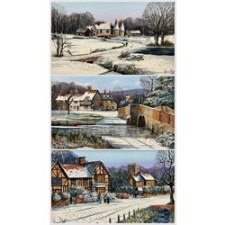 Kevin Platt (British 1945-): 'Kentish Winter' 'Winters Peace' and 'Winters Evensong', set of three acrylics on canvas signed, titled verso 26cm x 40cm 