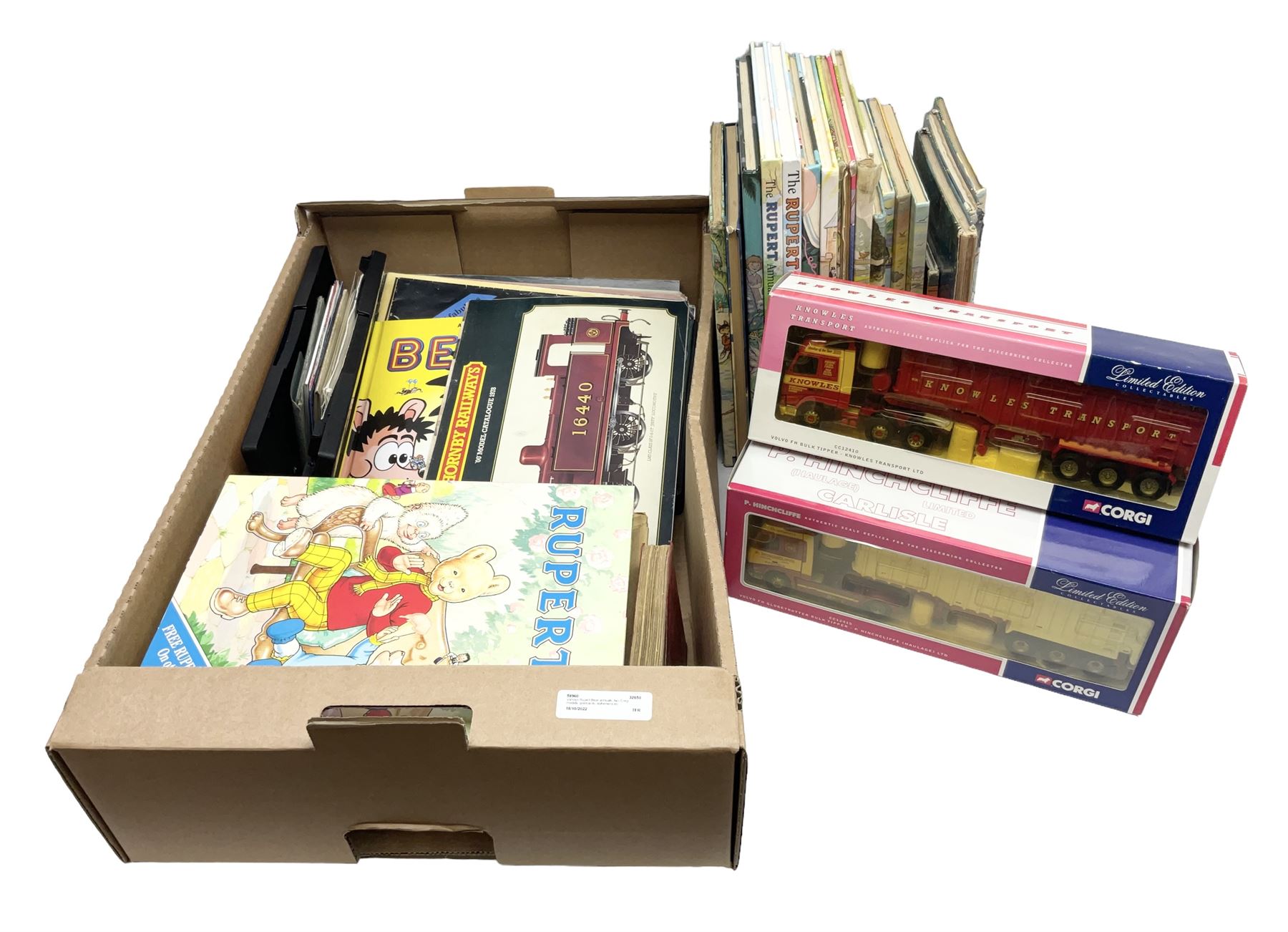 Collection of Rupert Bear annuals together with, two Corgi models, postcards and other ephemera 
