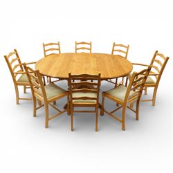 Wharfedale Traditional Furniture - oak dining table and eight ladder back chairs, circular...