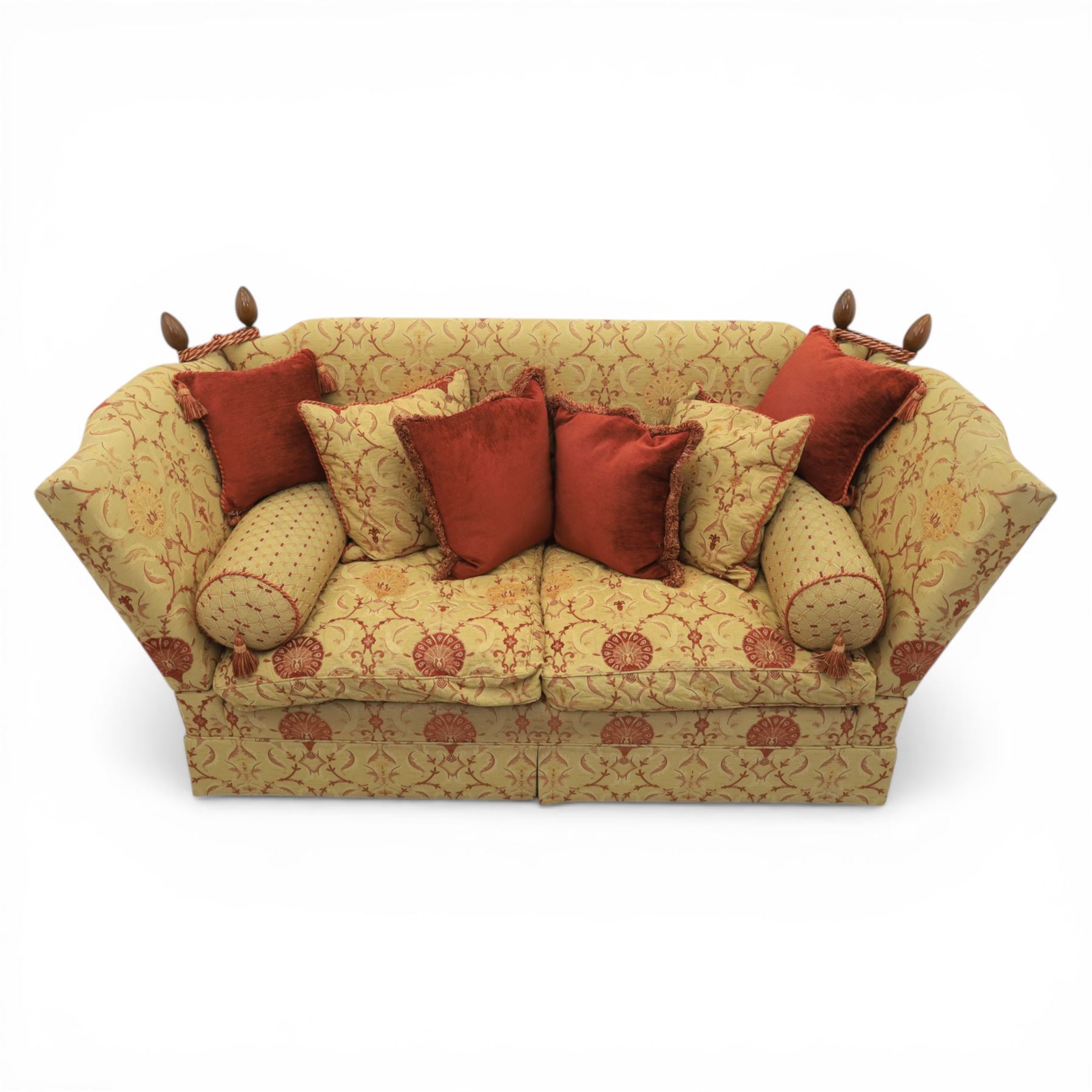 David Grundy - Medium Knoll style drop-arm settee in patterned fabric with eight associated scatter and bolster cushions