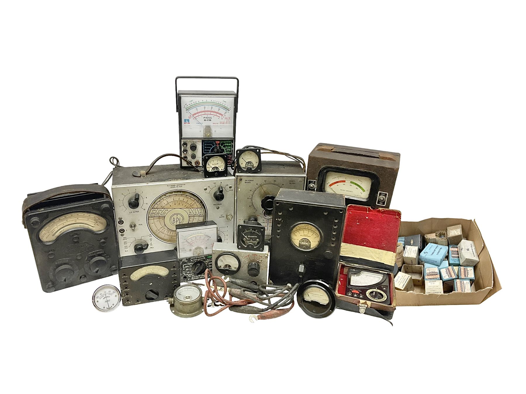 Collection of electrical testing equipment, to include The Automatic Coil Winder & Electrical Equipment Company Ltd Universal Avometer and Universal Avominor, Ross RE-177M ohm meter, British Physical Laboratories Universal Bridge model RS700, Weston Electrical Instrument Co model E665, RF Signal Generator Model RS600, Radar Cathode Ray Tube Tester Reactivator, etc