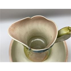 Wash jug and bowl with merging pink, green and blue decoration, bowl D40cm