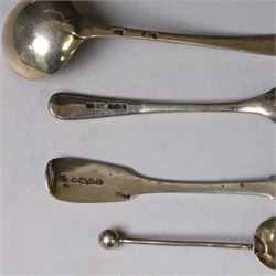 George III silver marrow scoop, hallmarked London 1767, makers mark indistinct, together with a collection of silver condiment spoons and butter knives, all hallmarked