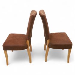 Contemporary oak dining suite, comprising rectangular table with solid top and square legs, together with four brown leather upholstered dining chairs with oak legs (5)