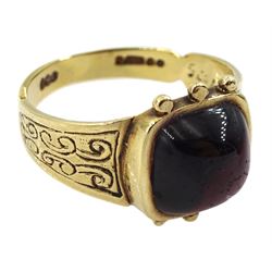 Victorian single stone cabochon garnet ring, with bright cut decoration shoulders, the shank inscribed 'Mary 1875', stamped 9ct, with later 9ct gold hallmark from re-sizing/repair to base of shank