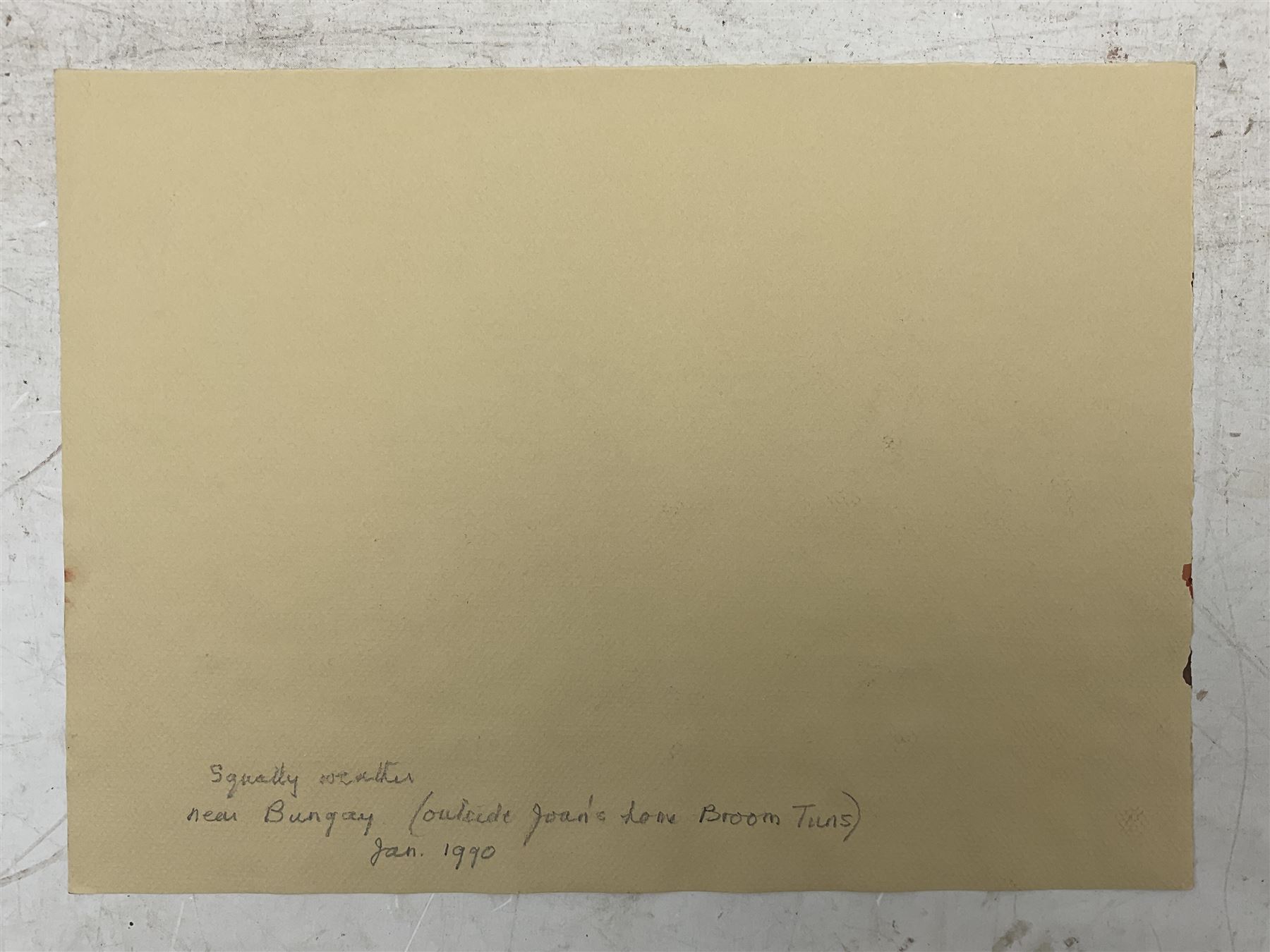 Jean Alexander (British 1911-1994): Views in Suffolk, comprising: 'Morning on the Shore - Aldeburgh July 1984', 'Sunshine on the Backwater - Aug '85 with Stephanie', 'Stormy Weather - High Sea near East Terrace Aug 1988', 'Walberswick - July 1990', 'Squally Weather near Bungay (outside Joan's house Broom Tuns) Jan 1990', 'Polzeath N. Cornwall - August 1989', and another untitled, watercolours, each signed, variously titled and dated verso, the titled 27.5cm x 37.5cm (unframed), the other 25cm x 27cm (mounted) (7)