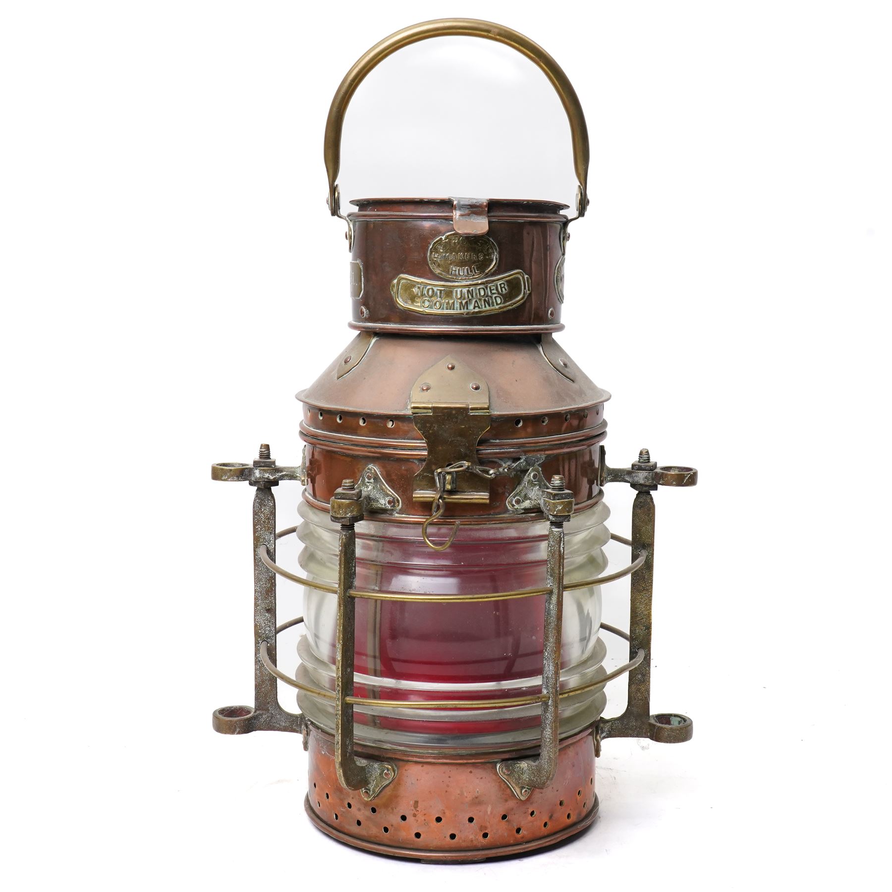 Large copper ships lantern 'Not under Command' by F & T Ross Ltd, Hull, with a plate inscribed 'Hull Fishing Vessel Owners Association Ltd No.731' and another plate inscibed 'S.T.Capel' H46cm
The S T Capel was a deep sea trawler launched in 1929, later renamed Arctic Hunter and used as a minesweeper in WWII
