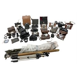 Cameras and camera equipment, including Kodak Retinette 1A, Polaroid J33 land camera, Kodak Colour snap 35, Agfa Isola I, three tripods etc,  