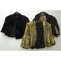  Victorian velvet evening cape with beadwork decoration, Vintage fur shawl, possibly Coyote and one other shawl (3)  