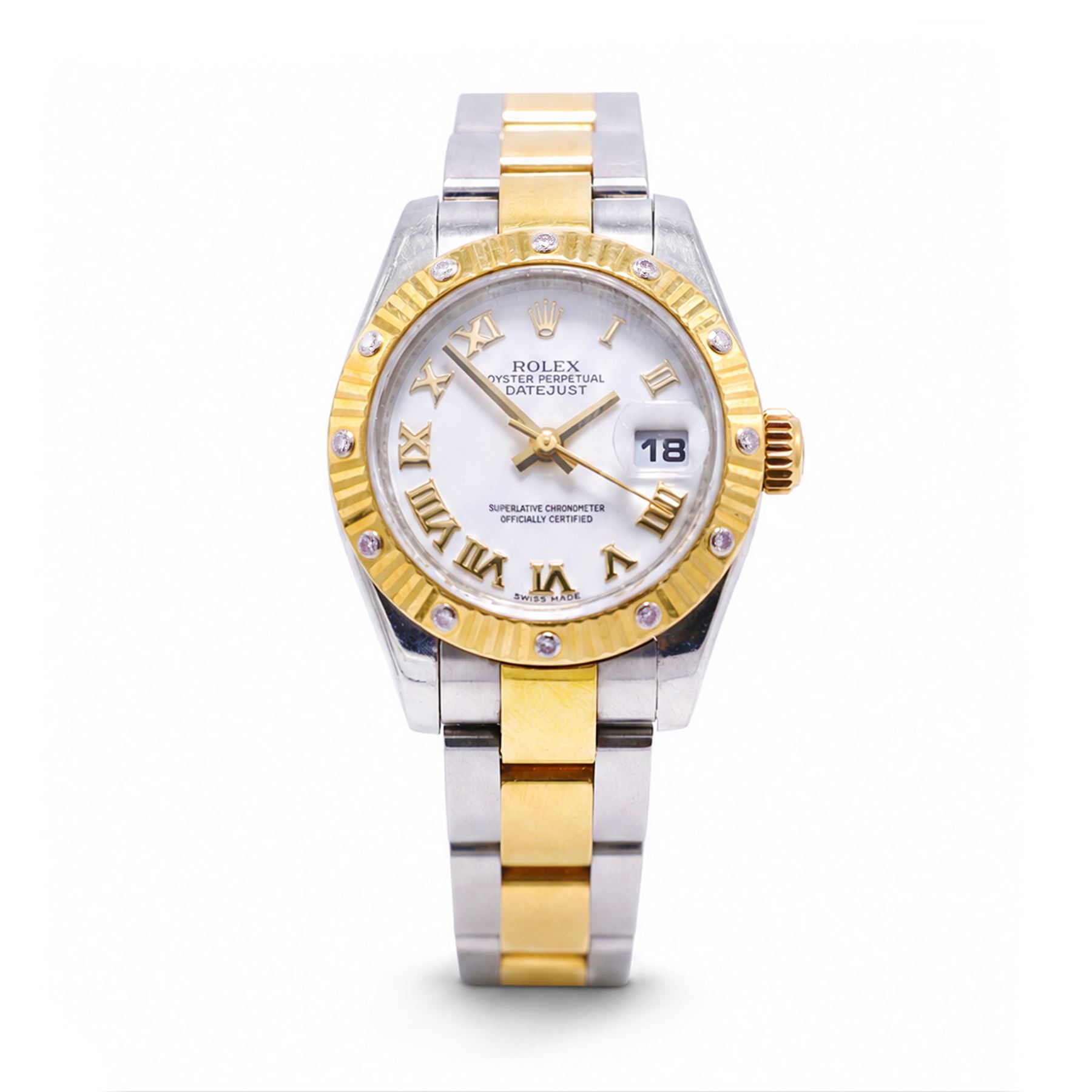 Rolex Oyster Perpetual Datejust ladies stainless steel and gold automatic wristwatch, circa 2009, Ref. 179313, serial No. V739209, white dial with Roman numeral hour markers and 18ct gold diamond set bezel, on gold and stainless steel and gold Oyster bracelet, with fold-over clasp, boxed with papers