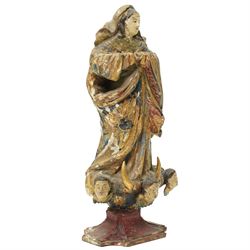 18th century Spanish Colonial Andean polychrome painted and carved giltwood figure of the Virgin of the Immaculate Conception, standing in prayer upon a crescent moon and cherub heads H29cm