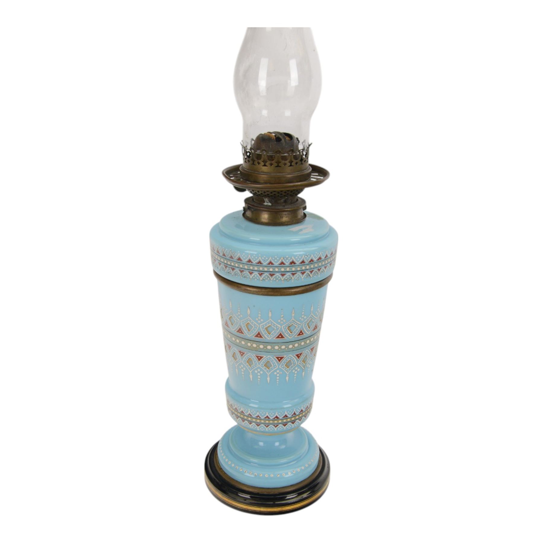 Victorian blue milk glass oil lamp by James Hinks & Son, with enamelled stipple decoration, H43cm