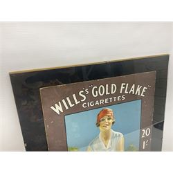 Wills Gold Flake Cigarettes advertising board, framed depicting a lady at the tennis, advert H51cm, L38cm