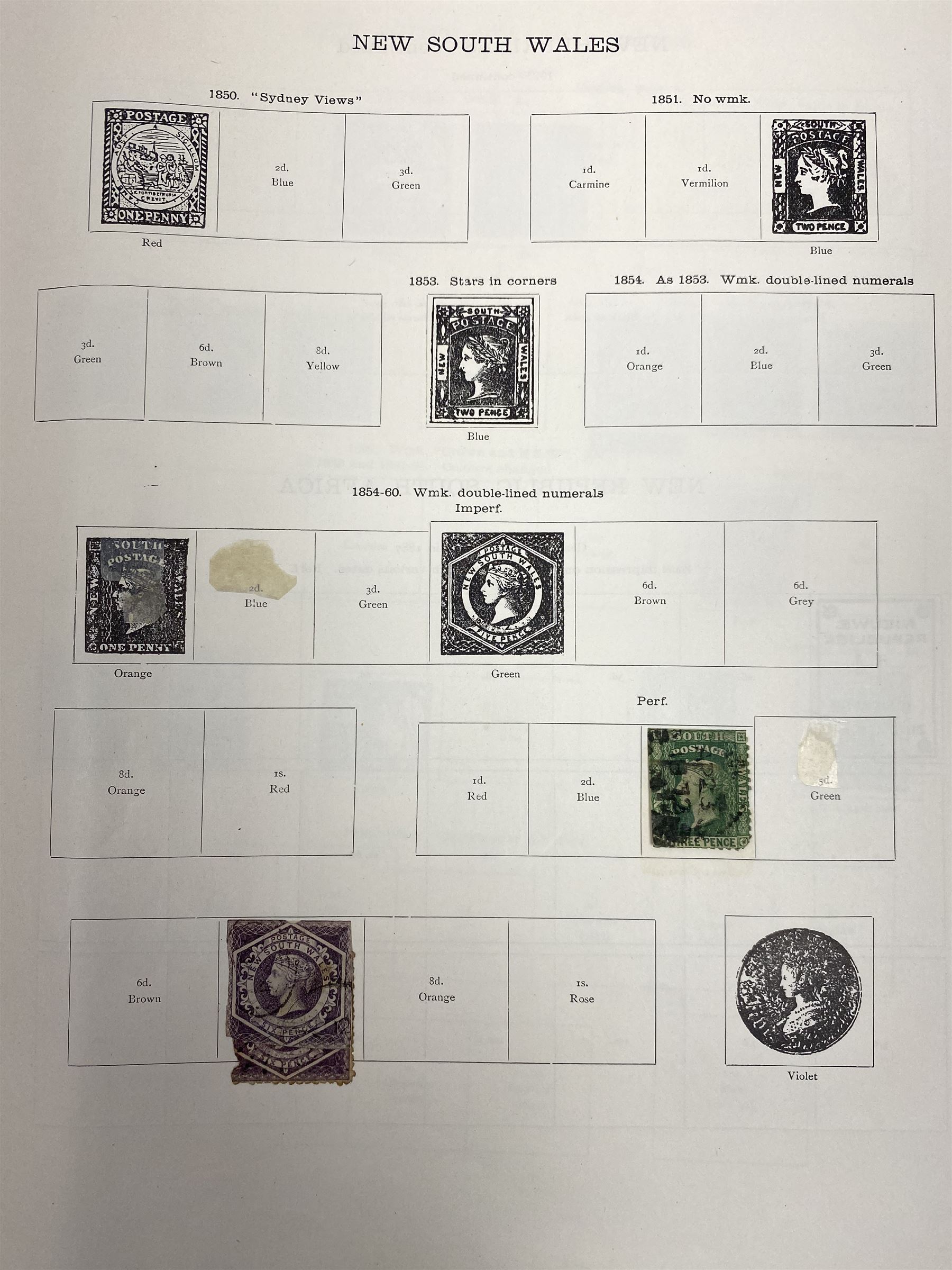 Australia New South Wales stamps, including 1850-4 various imperf issues, 1854-6 including five pence, six pence, one shilling etc, 1856-60 registered letter stamps, 1861-88 five shillings etc, housed on pages
