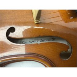 Three Stentor Student violins - three-quarter size with 33cm two-piece back; and two quarter size each with 28cm two-piece back; each in carrying case with bow (3)