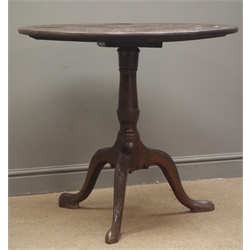 19th century mahogany tilt top tripod table, circular carved top with wells, single turned column, three acanthus carved splayed supports, W85cm, H78cm  