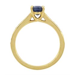 18ct gold oval cut sapphire ring, with milgrain set diamond shoulders, hallmarked, sapphire approx 0.90 carat