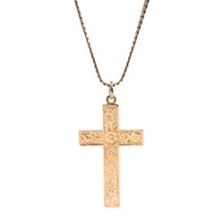 Early 20th century rose gold cross pendant, with bright curt decoration, Birmingham 1904, later inscription on the reverse, on later rose gold flattened link chain necklace, London 1978