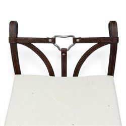 And So To Bed - 'Handel' wrought iron window seat, the rectangular upholstered seat enclosed by scrolling and arched ends with shaped uprights, on scrolling supports united by curved stretchers