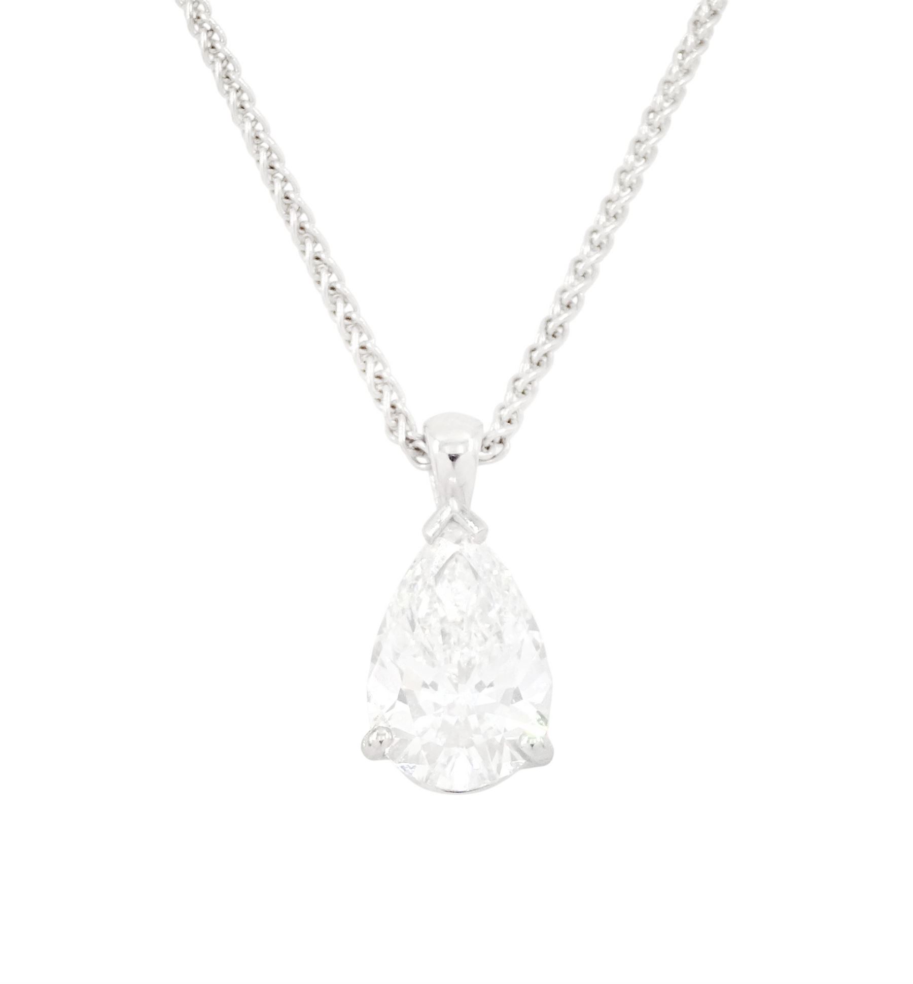 Platinum diamond pendant, set with a single pear cut diamond of 2.00 carat, colour D, clarity VS2, with GIA report, on 18ct white gold fancy link chain necklace