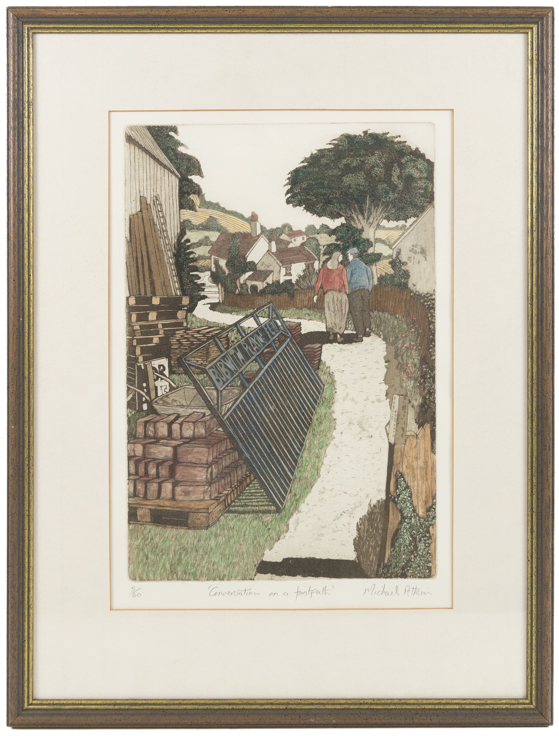 Michael Atkin (Scarborough 1952-): 'Conversation on a Footpath', limited edition coloured etching signed titled and numbered 5/60 in pencil, 37cm x 25cm