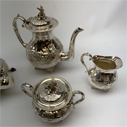 A John Turton silver plated tea set, comprising tea pot, hot water pot, milk jug, and twin handled sucrier and cover, with foliate chased decorated and bird finials, each with marks beneath, teapot H16.5cm. 
