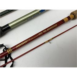 Quantity of fly and sea fishing rods and accessories, to include Shakespeare Boat 210 rod, Daiwa rod and others, and Guang Zhao FLD9000 course fishing reel, Beachmaster 7000FD, Rimfly II amd Penn Super Mariner, tackle etc