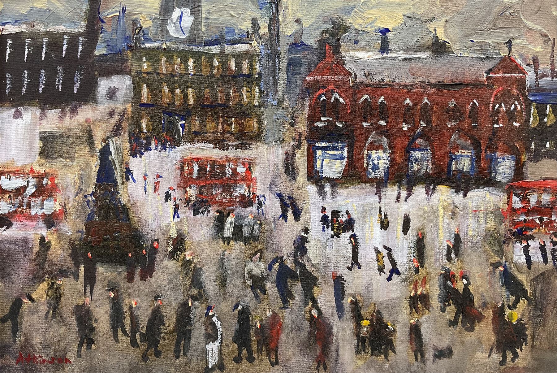 Sue Atkinson (Northern British 1949-2021): Busy London Street, oil on board signed 23cm x 34cm