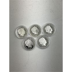 Five Queen Elizabeth II Bailiwick of Guernsey 2010 silver proof five pound coins, from the '70th Anniversary Battle of Britain Silver Coin Collection', some with certificates