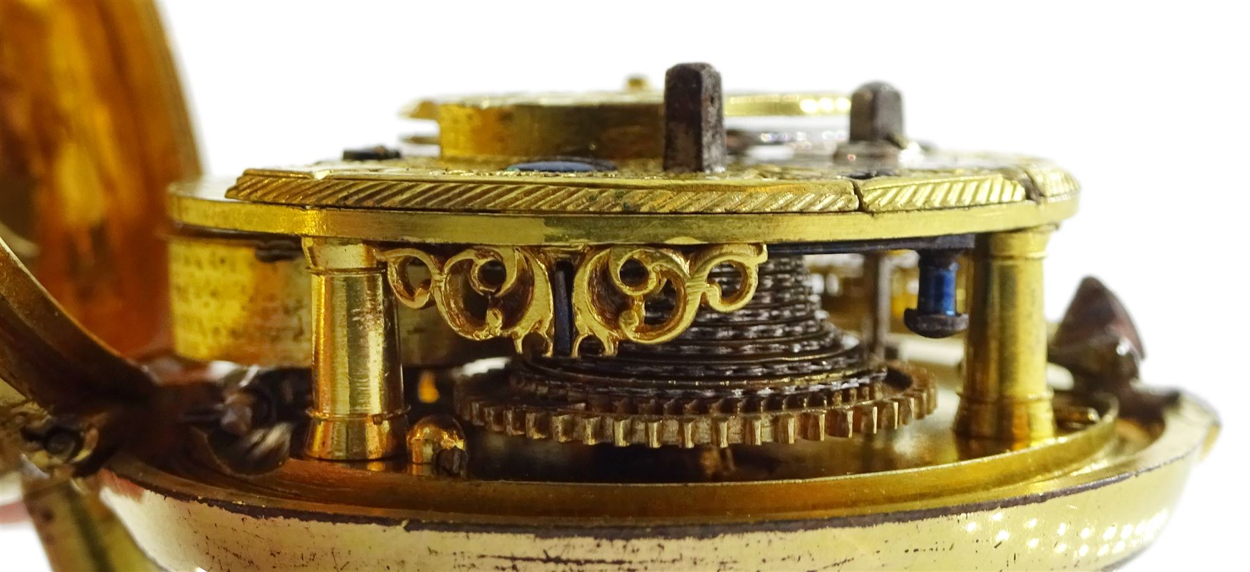18th century gilt pair cased verge fusee pocket watch by Robert Hyland, London, No. 13345, round baluster pillars, pierced and engraved balance cock, white enamel dial with Roman hours and outer Arabic minute ring, beetle and poker hands, the outer tortoiseshell case with pique work borders