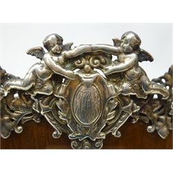  Victorian silver on oak freestanding photograph frame by King & Son London 1894, cherub, foliage and flower head decoration, H30cm  