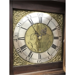  George lll mahogany crossbanded oak longcase clock, square brass dial signed Laurie Carlisle, case with swan neck pediment fluted corners and bracket feet, 30 hour movement striking the hours, H219cm  