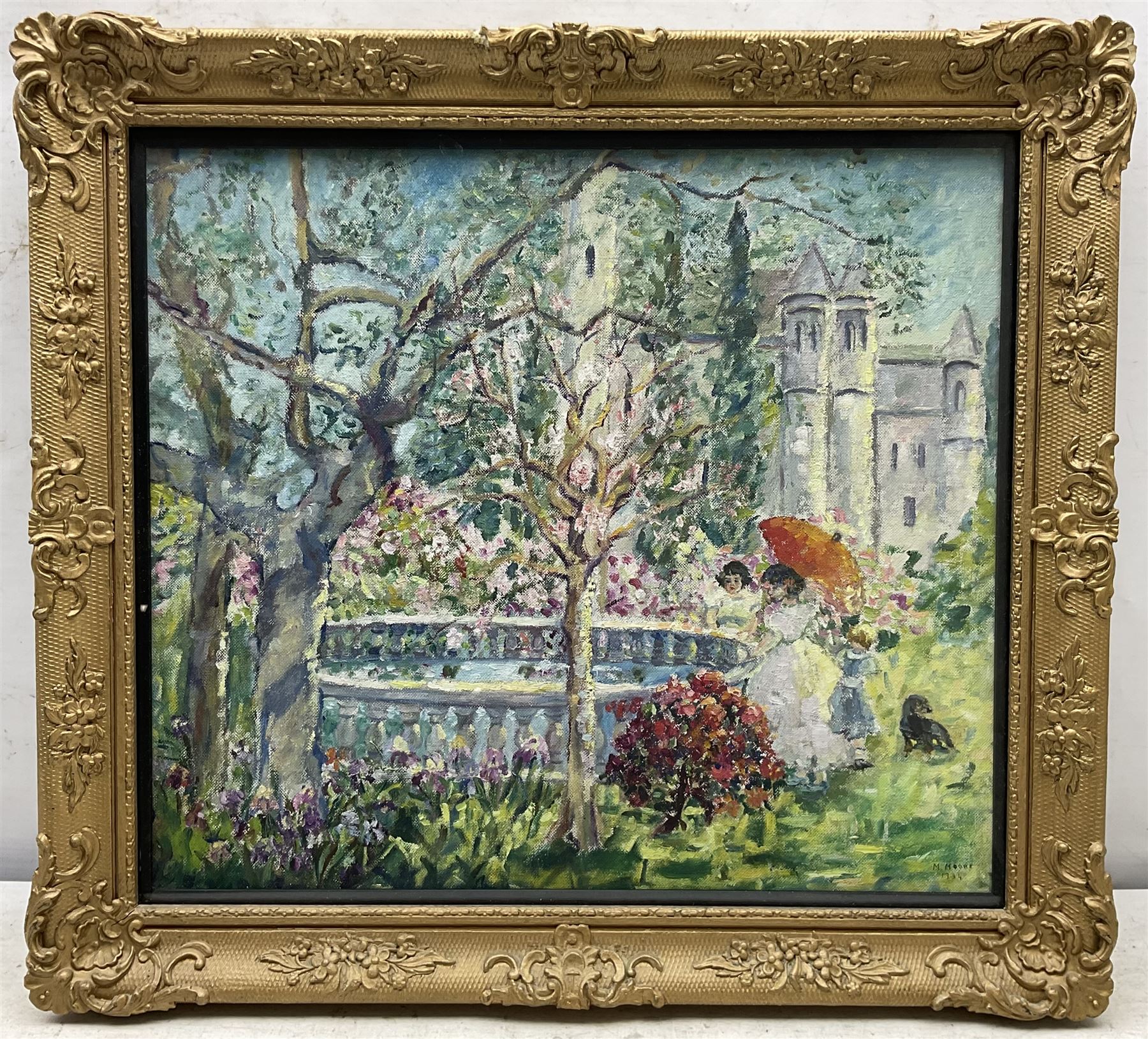 Marjorie Moore (British exh.1922-1937): 'The Italian Landscape', oil on canvas signed and dated 1934, original title label with artist's Sutton Coldfield address verso 34cm x 39cm 
Provenance: exh. Society of Women Artists, label verso