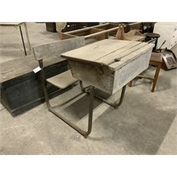 Oak and steel industrial school desk, hinged sloped adoring surface, hinged seat - THIS LOT IS TO BE COLLECTED BY APPOINTMENT FROM THE OLD BUFFER DEPOT, MELBOURNE PLACE, SOWERBY, THIRSK, YO7 1QY