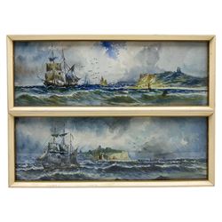 English School (Early 20th century): Shipping in Scarborough's North and South Bays, pair watercolours unsigned 12.5cm x 38cm (2)