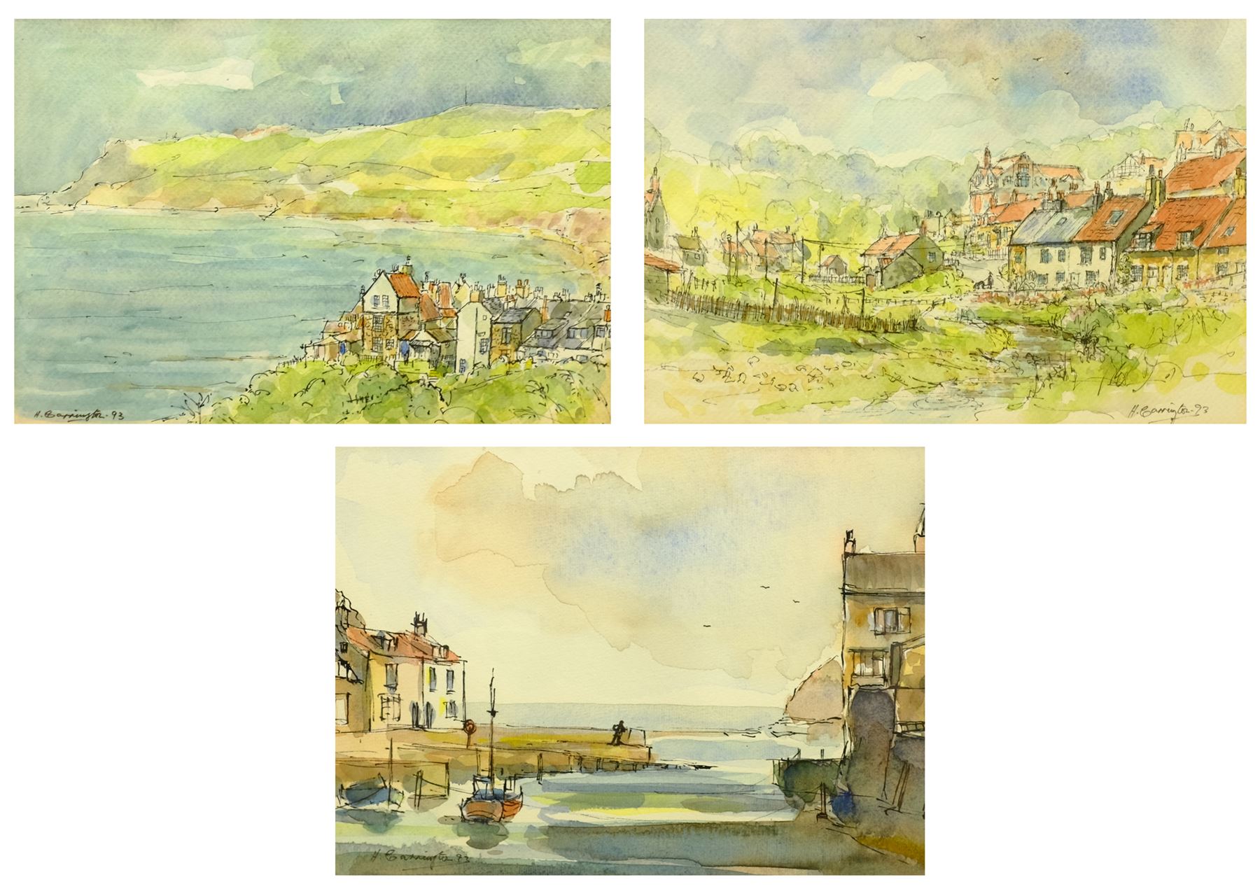 Hedley Carrington (British 20th century): 'Staithes', 'Sandsend' and 'Robin Hood's Bay', set three pen and watercolours signed and dated '93, titled verso 17cm x 25cm (3)