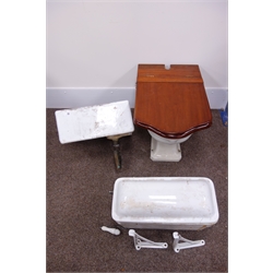  Twyfords Herculex Victorian toilet (W38cm, H41cm, D65cm) with mahogany seat, raised cistern and a small Belfast sink (3)  