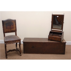  19th century small oak coffer, hinged lid (W120cm, H27cm, D39cm) a Victorian toilet mirror, four graduating drawers (W39cm, H76cm, D23cm) and a leather upholstered chair (W43cm (3)  