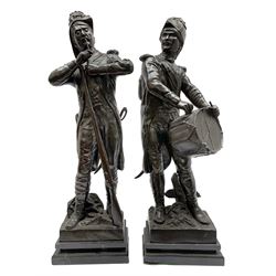 After Etienne-Henri Dumaige (1830-1888): 'Avant de Combat Volontaire de 1792' and 'Apres de Combat Grenaider de 1792', pair of large bronze figures modelled as French Revolutionary soldiers, each upon rectangular stepped black marble base, signed E H Dumaige, Paris 1888, tallest example H68.5cm