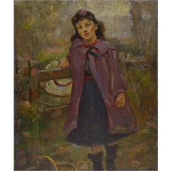  Ralph Hedley (Staithes Group 1851-1913): Girl in a Purple Cape by a Field Gate, oil on board initialled 25cm x 21cm (unframed)  