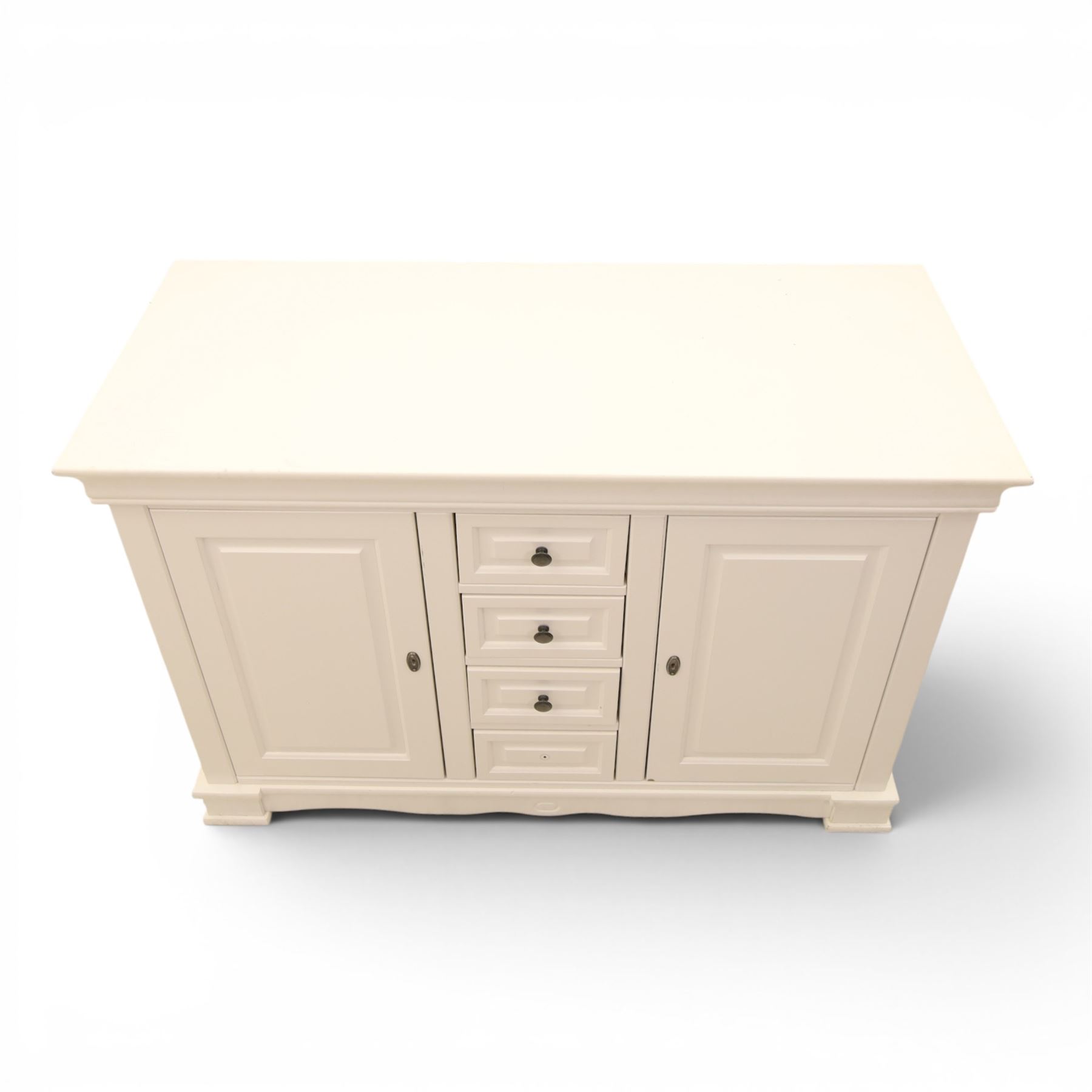 Modern large white painted chest of drawers, central bank of four drawers flanked by two lockable cupboards