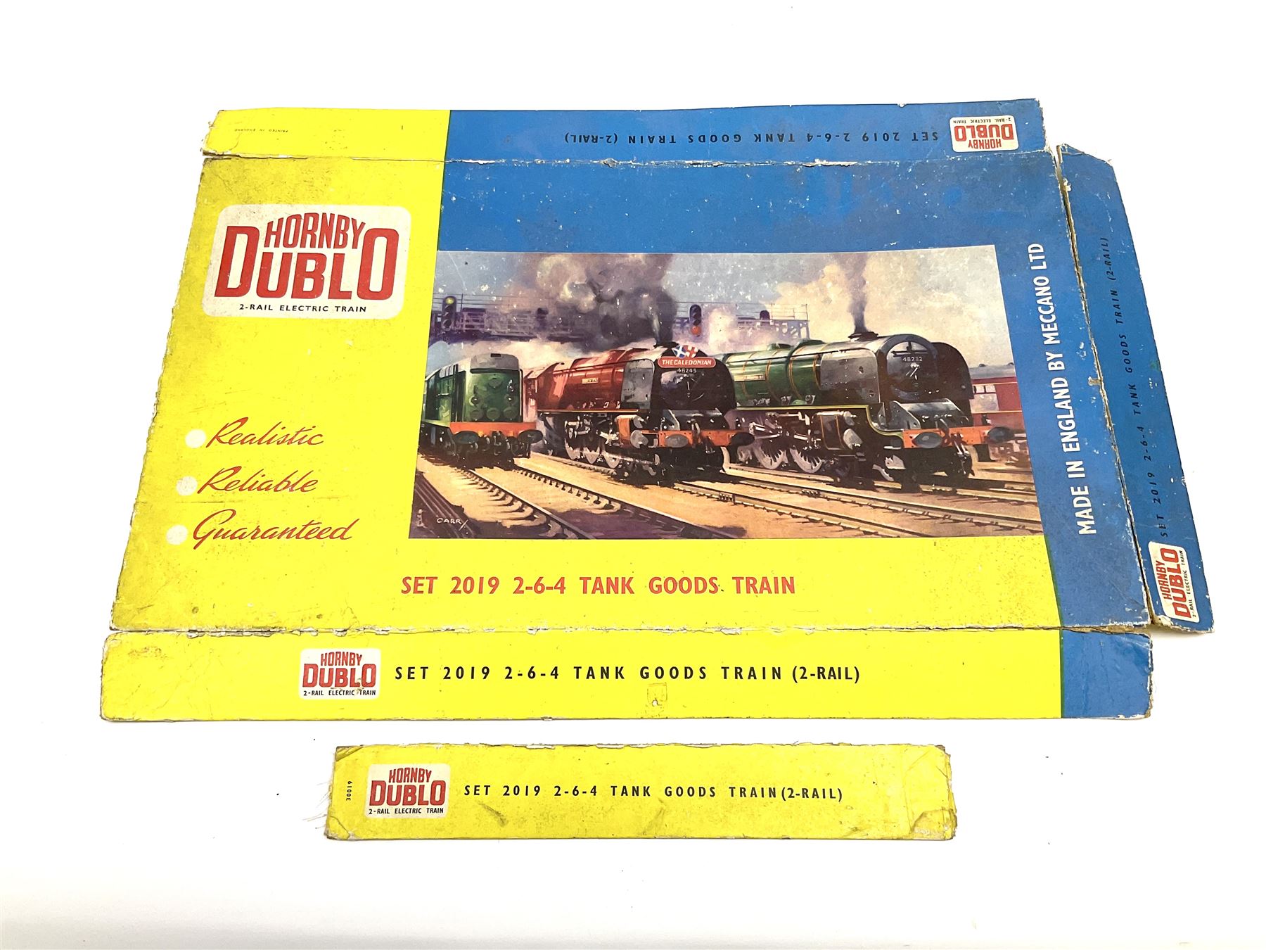 Hornby Dublo - two-rail 2022 'The Caledonian' Passenger Set LMR with Duchess Class 4-6-2 locomotive 'City of London' No.46245 with tender, two coaches and track, box base only, no lid; 4MT Standard 2-6-4 Tank locomotive No.80033 with two Talisman coaches and track in 2019 Goods Train Set box; four unboxed wagons, quantity of track, crane and buffer stops.