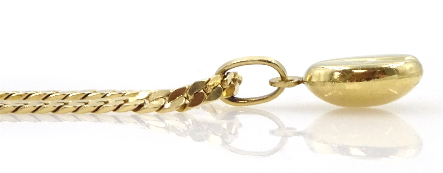 9ct gold coffee bean pendant necklace on a 14ct gold flattened link necklace chain, stamped 585