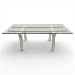 Calligaris - Connubia dining suite, comprising a 'Zeffiro' glass extending dining table and eight 'Academy' chairs, rectangular clear glass top with twin extension leaves extending to 220cm, mounted on white and ochre metal supports with central stretcher, together with eight matching moulded dining chairs with shaped seats and tapered legs
