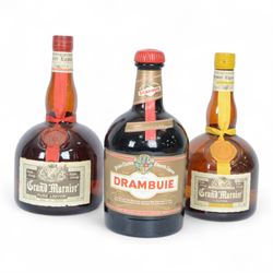 Grand Marnier cordon triple orange liqueur, two bottles, together with Drambuie liqueur, v...