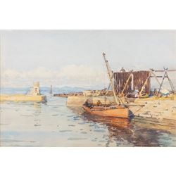 Robert Weir Allan (Scottish 1852-1942): 'Dunure Harbour' looking to Arran, watercolour sig...