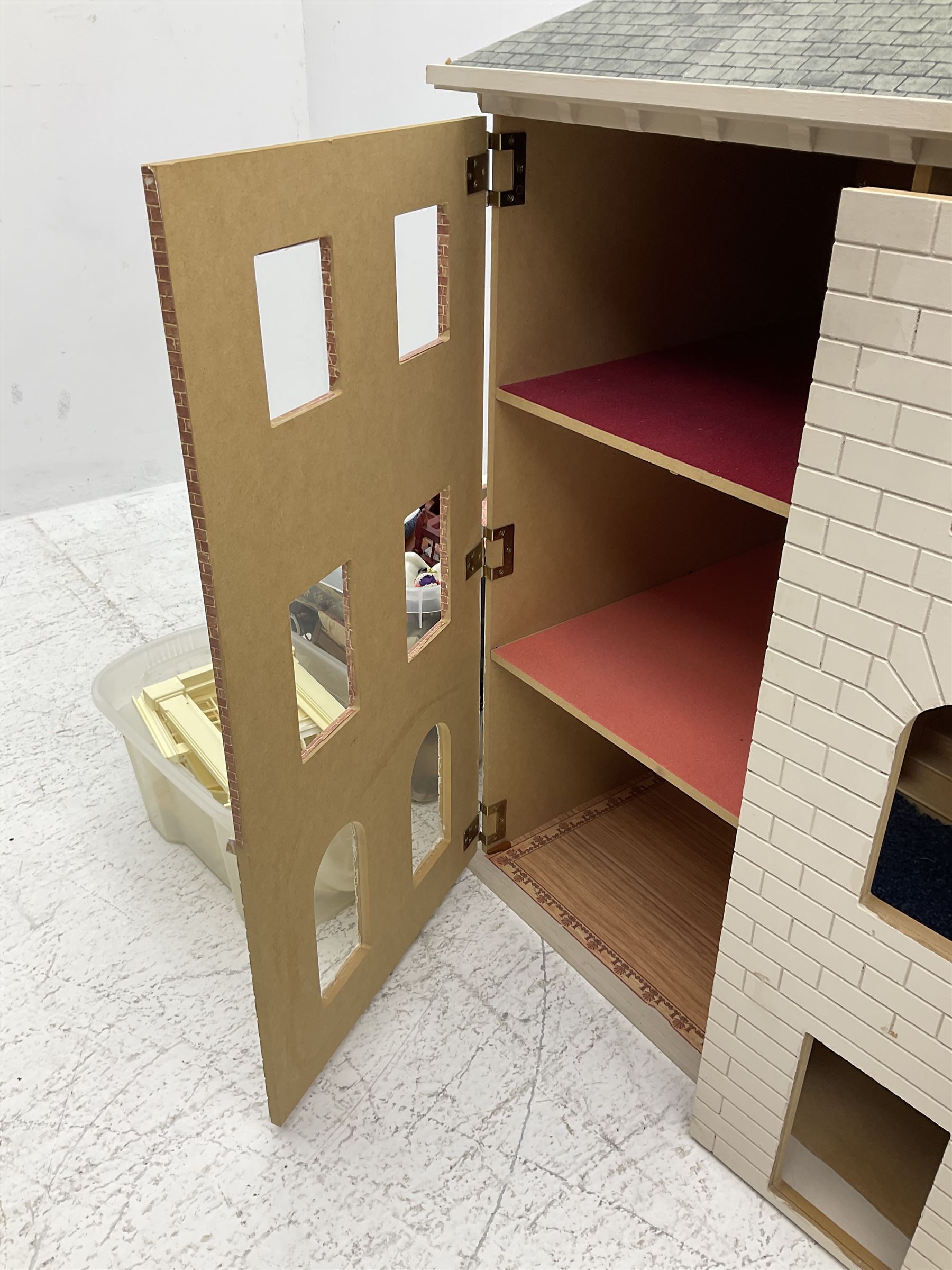 Georgian style paper lined wooden dolls house, three storey with wooden and plastic accessories and window fixtures, H90cm, W96cm, D52cm